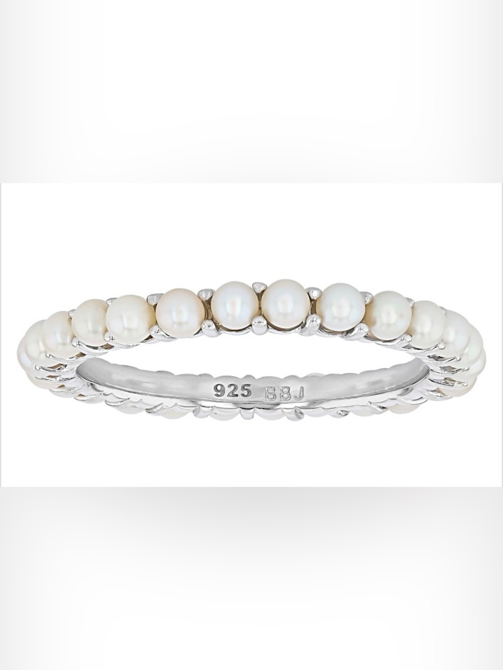 White Cultured Freshwater Bitsy Pearl Rhodium Over Sterling Silver Eternity Ring